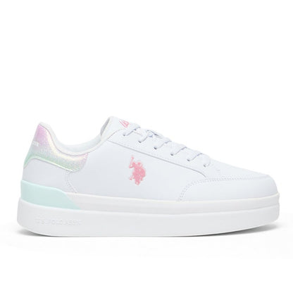 Women's White Platform Sneakers with Iridescent Heel and Pink Logo - Casual Lace-Up Design with Comfort Cushioned Sole for Everyday Wear