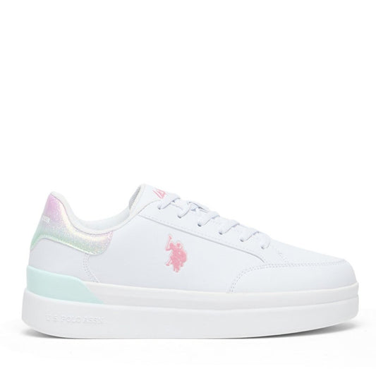 Women's White Platform Sneakers with Iridescent Heel and Pink Logo - Casual Lace-Up Design with Comfort Cushioned Sole for Everyday Wear