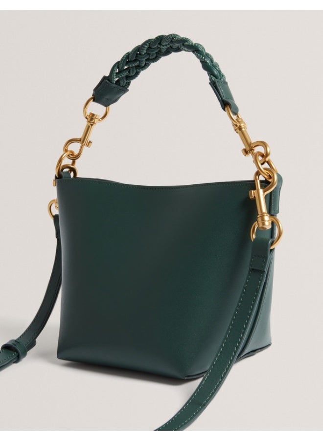 Weave Handle Leather Small Bucket Bag