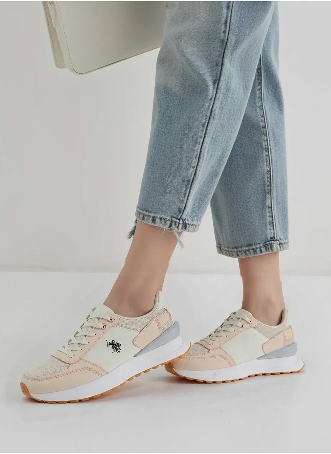 Women's Biege and Grey Low-Top Sneakers - Lightweight with White Sole, Comfortable Casual Shoes