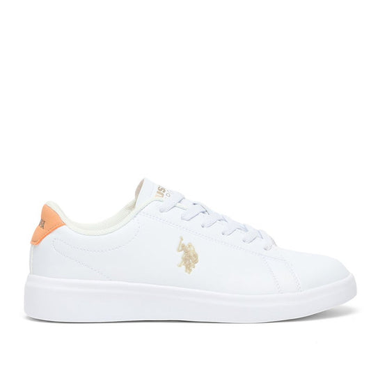 Women's White Low-Top Sneakers with Tan Accent - Lightweight Sleek Style with Lace-Up Design and Comfort Cushioned Sole for Everyday Wear