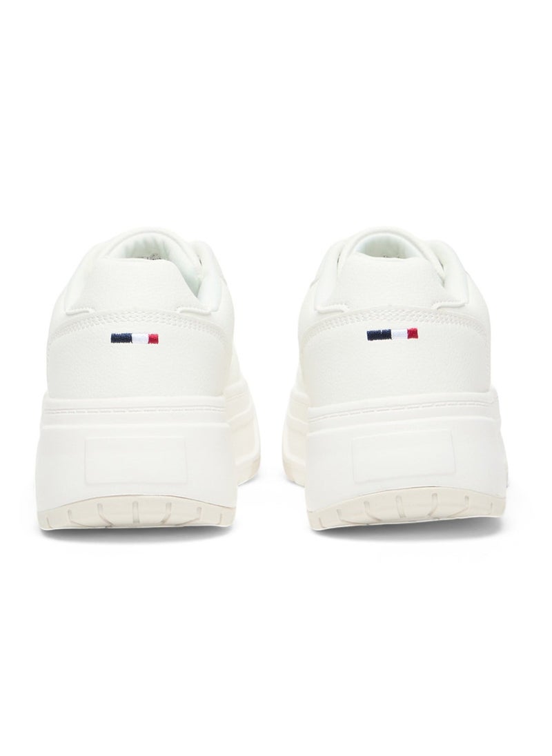 Women's White Low-Top Sneakers - Chunky Outsole With Foam Padding, Minimalist Lace-Up Design