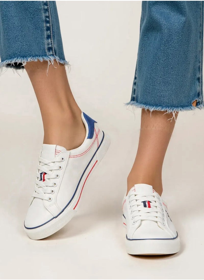 Women's White Casual Canvas Lace-Up Sneakers, Lightweight Shoes for Everyday Wear