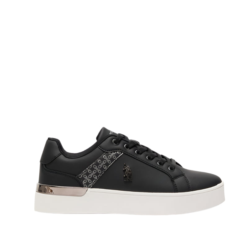 Women's Black Low-Top Sneakers - Chic Design with Grey Accent and Metal Logo Detail for Casual Elegance