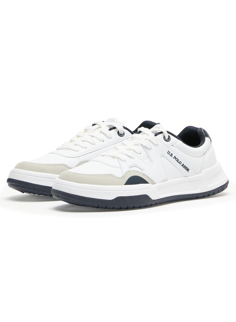 Men's White Low-Top Sneakers - Classic Design with Navy and Beige Accents, Durable and Comfortable Casual Shoes