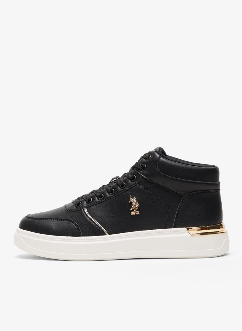 Women's Black High-Top Sneakers with Golden Accents - Sleek and Modern Design Shoes
